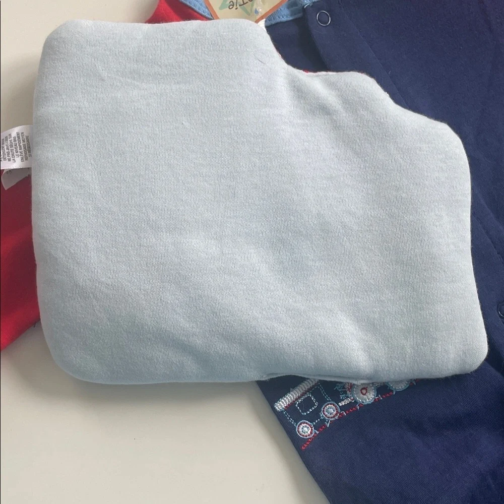Red and Blue Train-Themed Baby Onesie